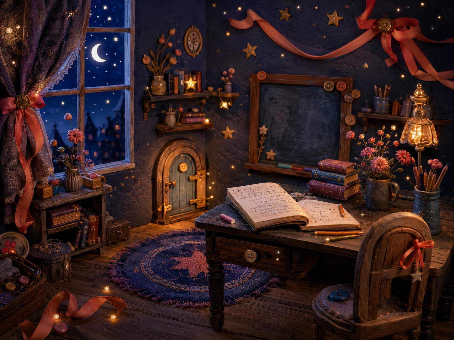 Aula fantástica nocturna con libros, cuaderno, estrellas, botones y una pequeña puerta